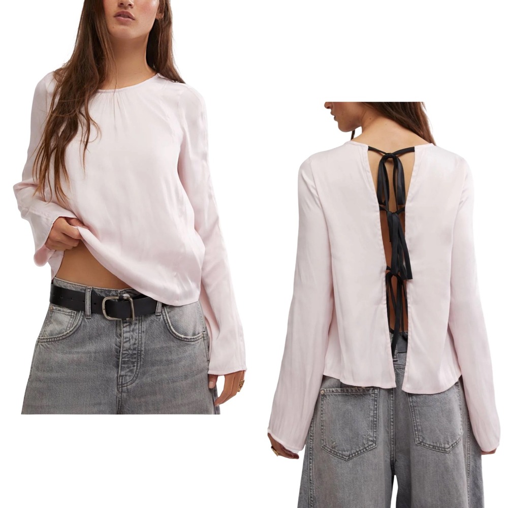Free People Aarabella Satin Top Blush Pink Large Long Sleeve Blouse Bow Flowy - Picture 8 of 8